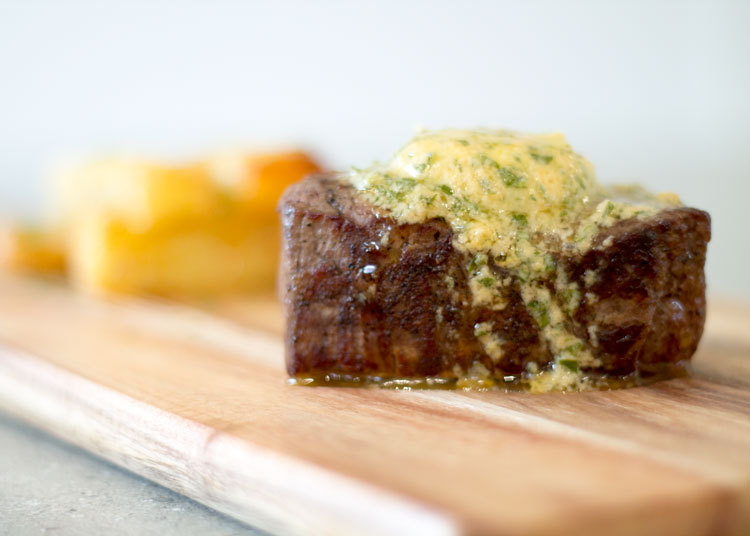 eye fillet with garlic butter hand cut chips