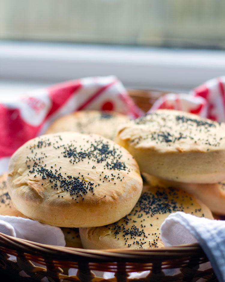 fresh baked burger buns in basket